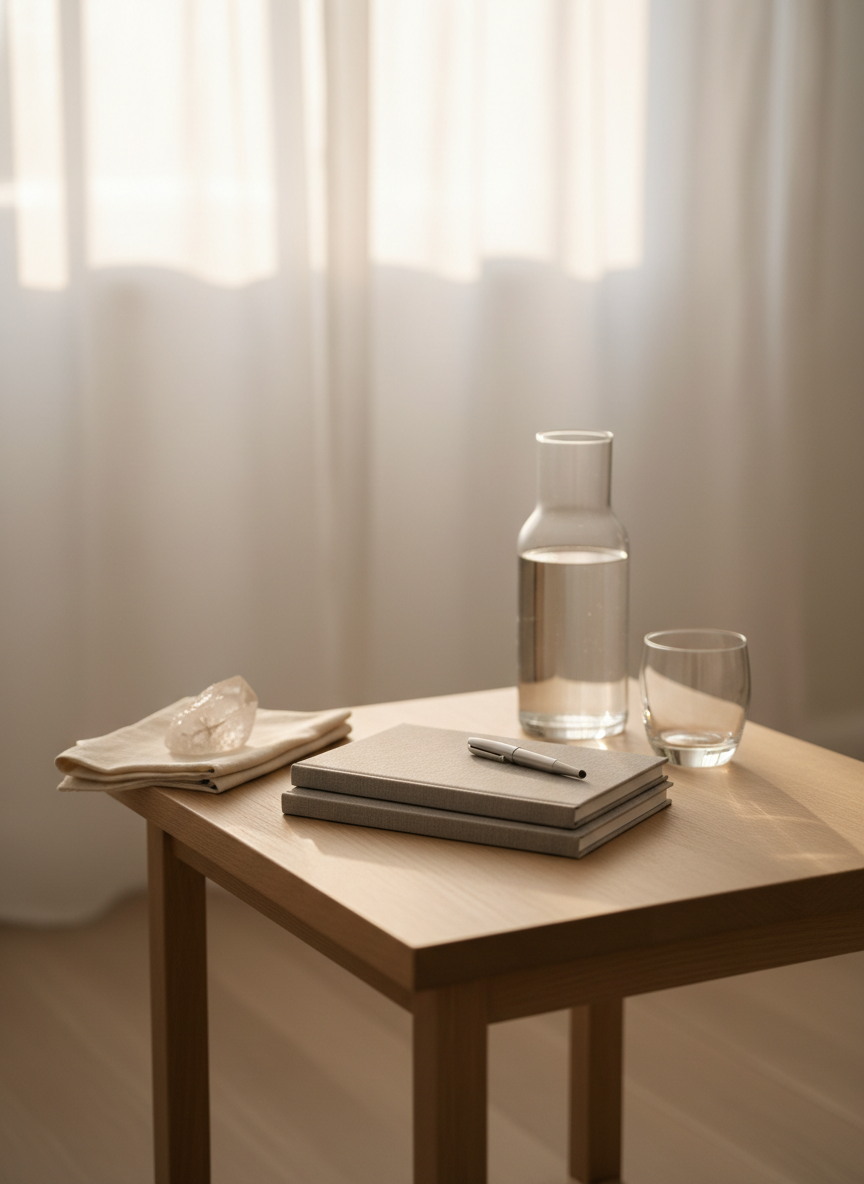 A refined therapy space vignette without chairs or people: a low, pale oak side table holds a stack of textured, dove-grey notebooks, a slim fountain pen, and a glass carafe filled with clear water beside a single translucent tumbler. A small, faceted quartz crystal rests on a folded cream cotton cloth, hinting at energetic work and reiki. Soft warm light filters through sheer curtains, creating a subtle gradient on the wall in the background and delicate reflections on the glass. The composition is centered but airy, shot at eye level with a shallow depth of field, conveying emotional safety, introspection, and an understated, sophisticated environment for coaching and family constellations.