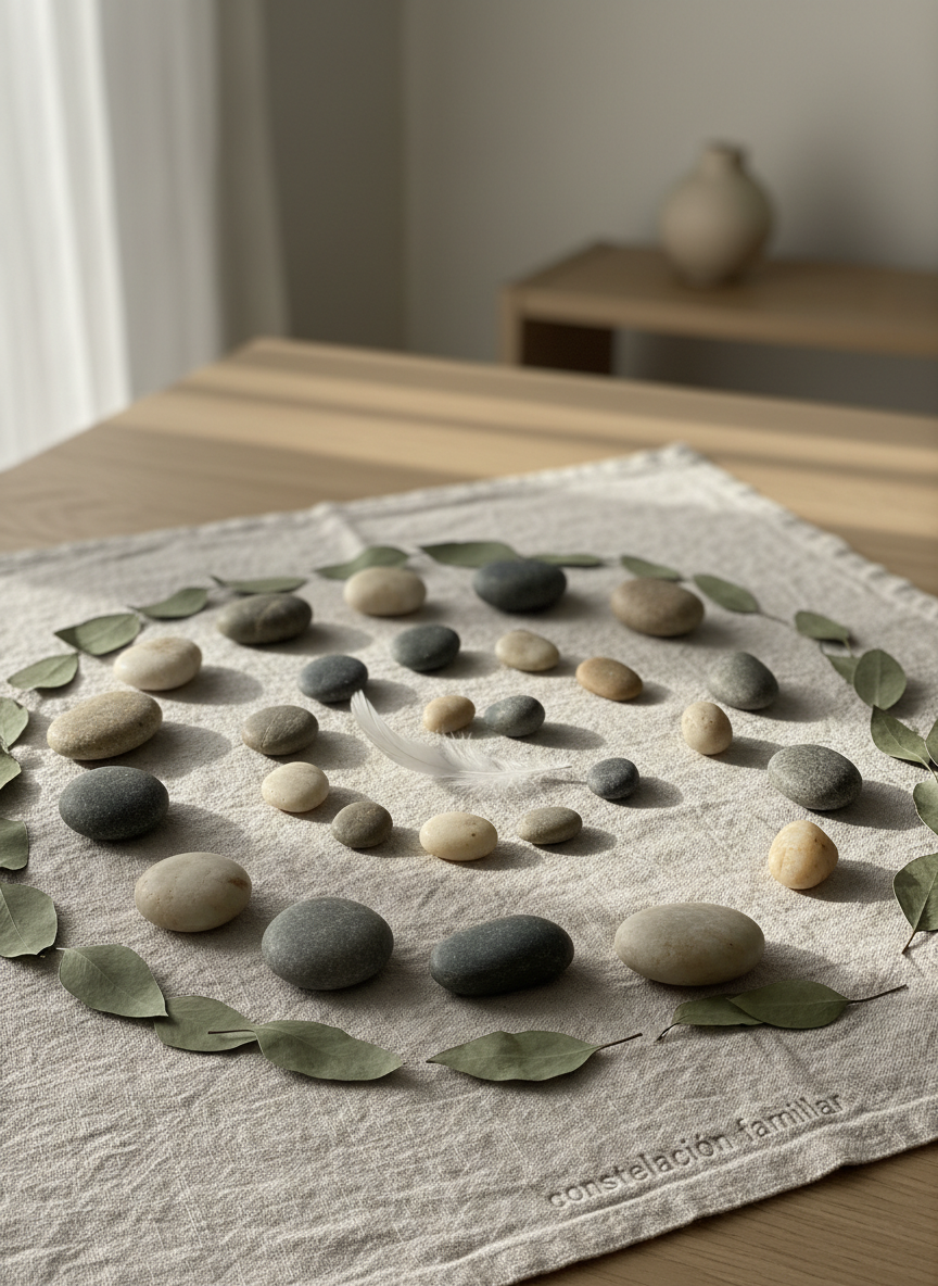 A carefully arranged constellation of smooth river stones in muted greys and soft taupes forms a gentle spiral on a pale linen cloth, subtly suggesting a family tree. Around the stones, delicate dried eucalyptus leaves and a single white feather create an aura of protection and harmony. Soft, diffused morning light enters from the left, casting understated shadows and a calm glow over the textures. The background fades into a softly blurred, minimalist interior in neutral tones. Shot from a slightly elevated angle with shallow depth of field, the composition feels balanced and refined, evoking emotional clarity and the quiet order of constelación familiar in a photographic realism style.