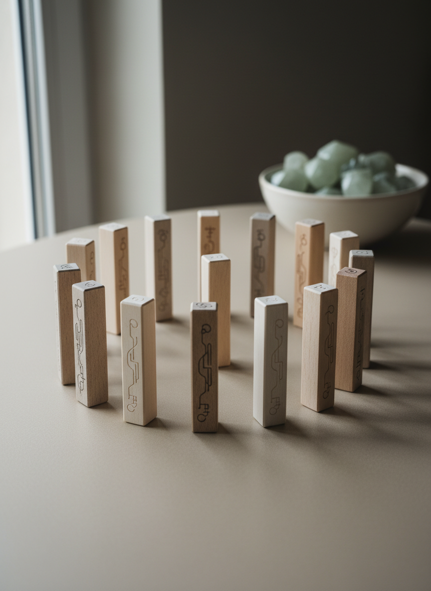 An elegant circle of slender wooden blocks in desaturated beiges and warm greys rests on a smooth, matte sand-colored tabletop, each block engraved with subtle, abstract line symbols representing different generations. A single, slightly taller block near the center hints at systemic change. Gentle overcast daylight from an unseen window bathes the scene, creating soft gradients and refined shadows. In the background, an unfocused ceramic bowl with sage-green crystals adds depth without distraction. Captured at eye level using the rule of thirds, the image feels sophisticated, contemplative, and minimalist, visually illustrating the ordered relationships explored in constelación familiar with photographic realism and a muted palette.