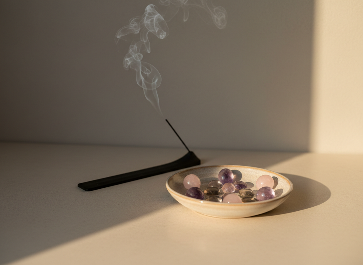 A minimal altar-like arrangement on a smooth, light stone surface: a shallow ceramic bowl in muted sand tones holds a circular arrangement of polished crystals—rose quartz, amethyst, and smoky quartz—forming an abstract constellation pattern. A thin trail of incense smoke rises gracefully from a matte black holder, curling towards a softly lit, blurred background wall in warm grey. Golden-hour side lighting from the right creates gentle highlights on the crystals and long, elegant shadows across the stone. Shot from slightly above with asymmetric framing, the image feels serene, ceremonial, and refined, evoking the subtle energetic dimension of constelación familiar, reiki, and emotional healing in a sophisticated photographic style.