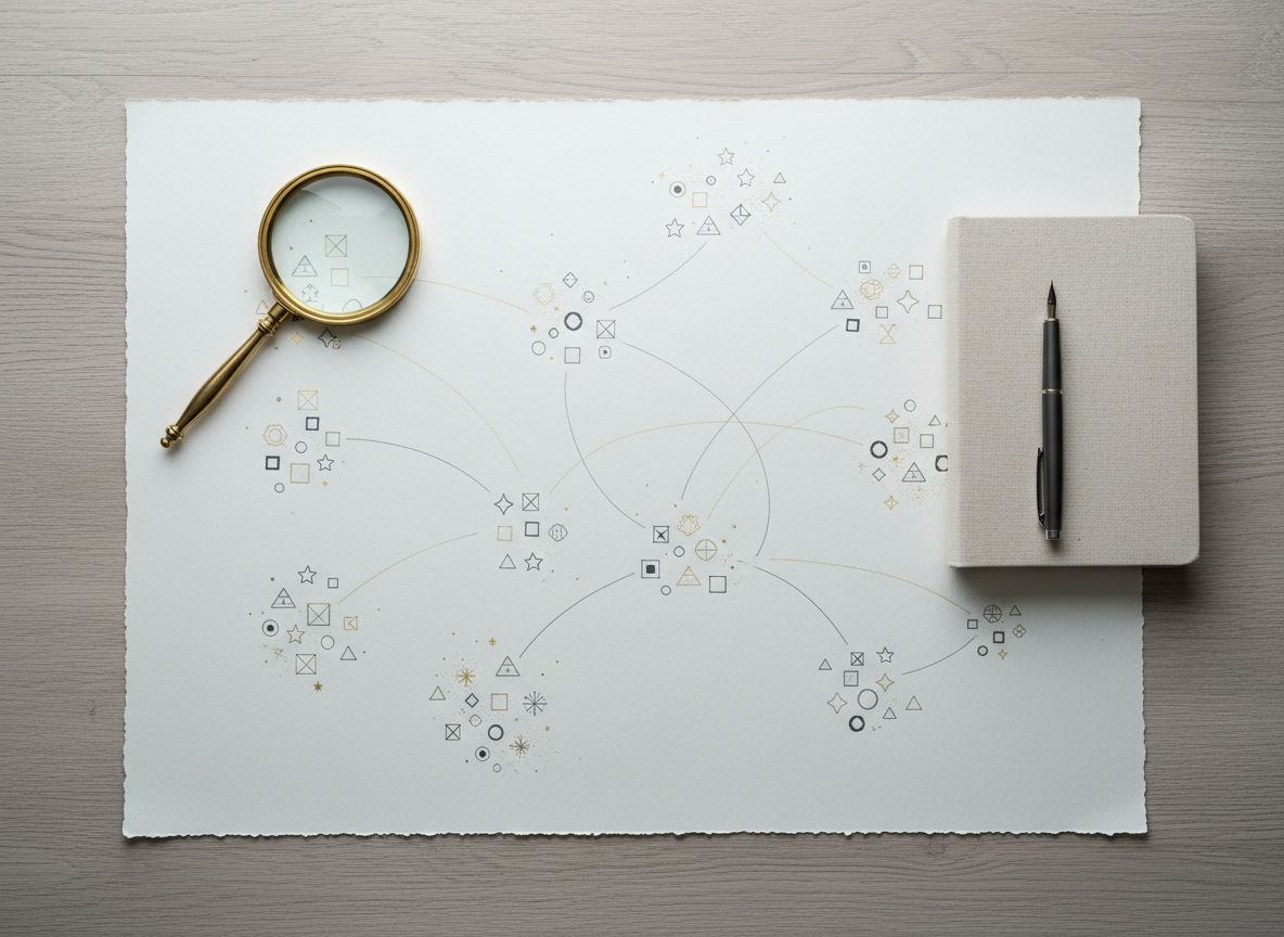A finely detailed family tree diagram rendered as an abstract artwork on a large sheet of heavy, off-white paper laid flat on a muted wooden desk. Instead of names, small geometric symbols in soft charcoal and pale gold ink connect through graceful lines, forming clusters that subtly resemble star constellations. A delicate magnifying glass with a brass rim rests on one corner, and a closed, linen-bound journal lies nearby. Cool, diffused daylight from above creates even illumination and gentle paper texture shadows. Captured from a top-down, bird’s-eye view with sharp focus throughout, the composition feels methodical, introspective, and elegant, symbolizing the systemic mapping central to constelación familiar in a clean, minimalist photographic realism style.