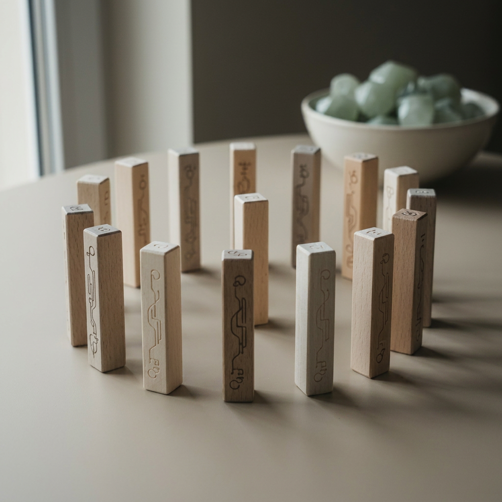 An elegant circle of slender wooden blocks in desaturated beiges and warm greys rests on a smooth, matte sand-colored tabletop, each block engraved with subtle, abstract line symbols representing different generations. A single, slightly taller block near the center hints at systemic change. Gentle overcast daylight from an unseen window bathes the scene, creating soft gradients and refined shadows. In the background, an unfocused ceramic bowl with sage-green crystals adds depth without distraction. Captured at eye level using the rule of thirds, the image feels sophisticated, contemplative, and minimalist, visually illustrating the ordered relationships explored in constelación familiar with photographic realism and a muted palette.